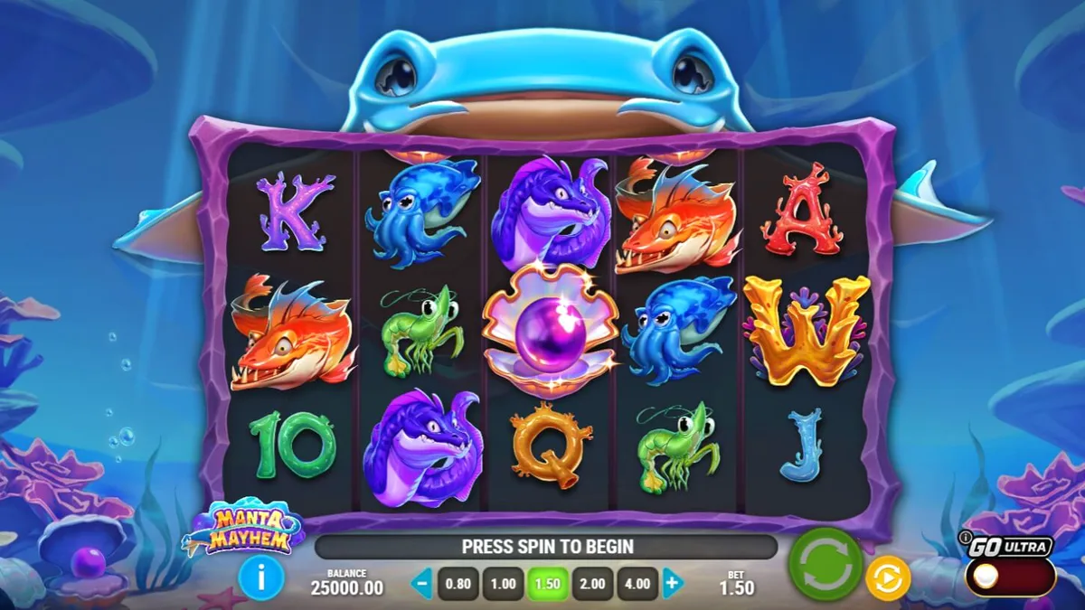 Manta Mayhem slot game underwater theme with manta ray
