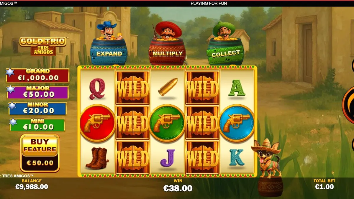 Tampilan visual slot Gold Trio: Tres Amigos dengan tema fiesta Meksiko
