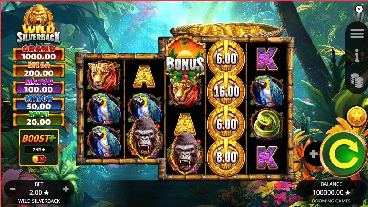 Pemandangan hutan tropis yang rimbun dengan simbol gorila yang megah di slot Wild Silverback.